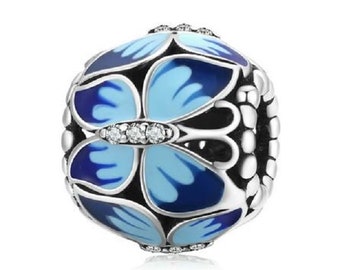 Beautiful Butterfly Blue Beads Charm   925 Sterling Silver fit for Authentic Women Charms and Handmade Charms