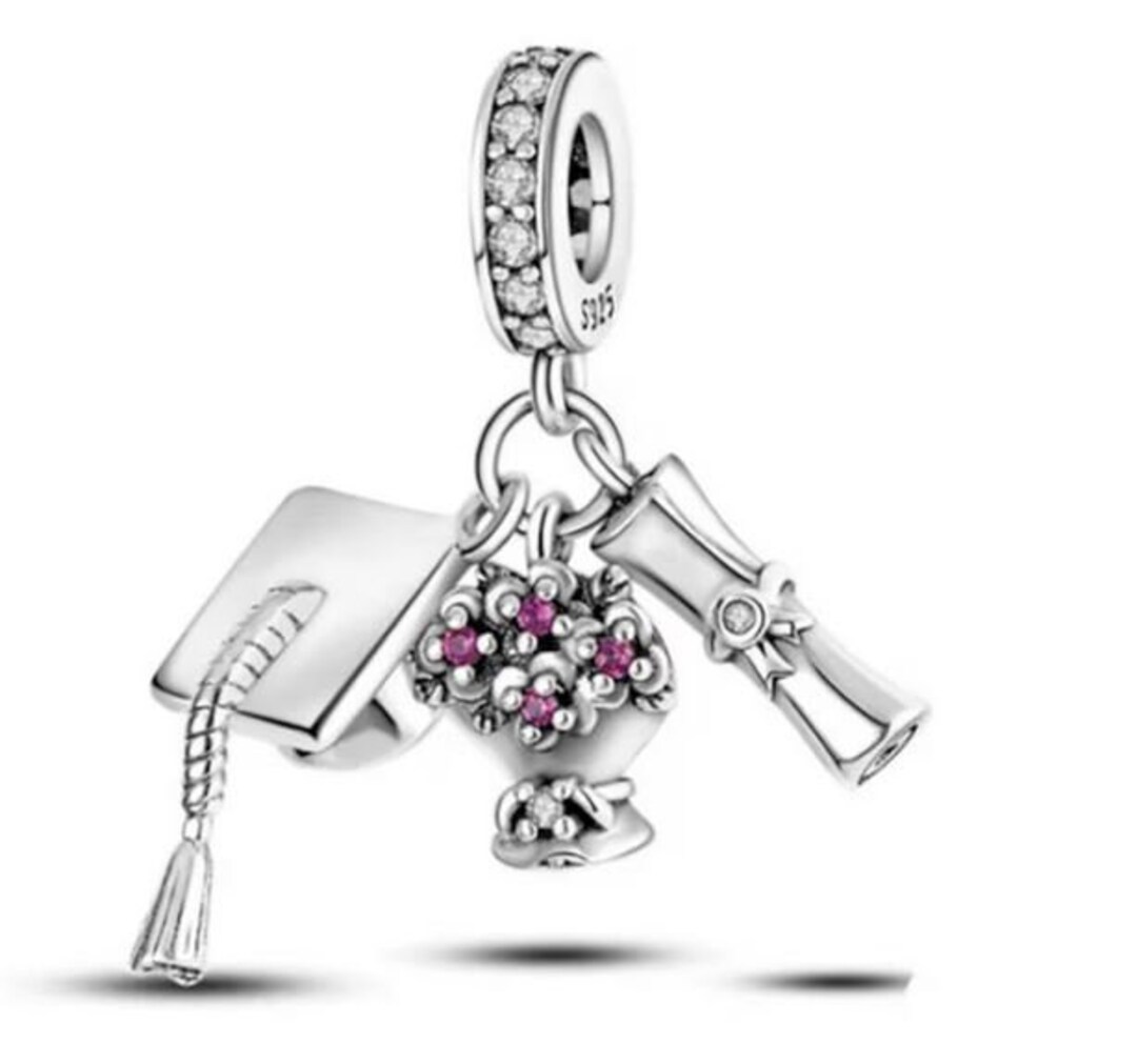 Graduation Cap and Diploma Charm Fits Women Bracelets, 925 Sterling Silver Charm, Graduation