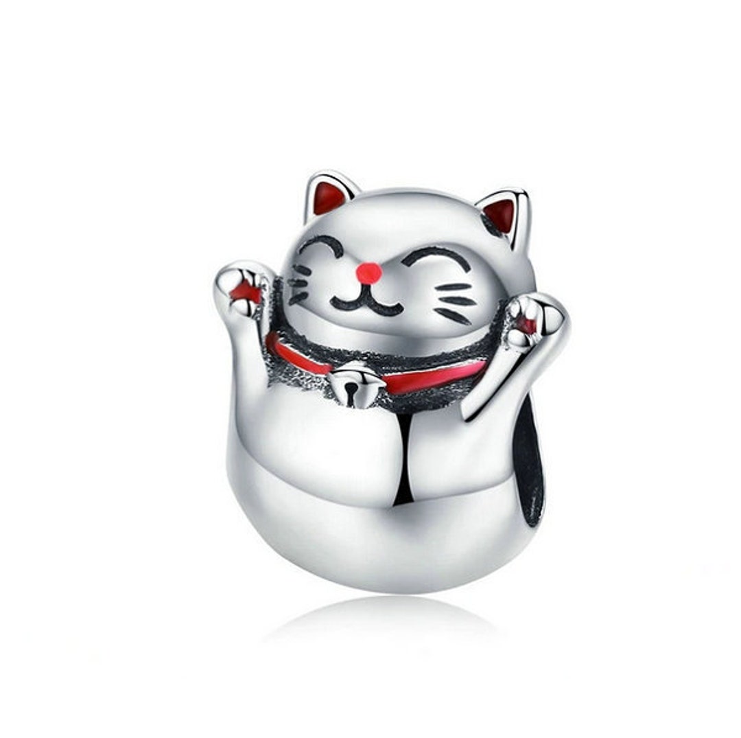 Sterling Silver Lucky Cat Charm, Silver Charm Fits Women Charms Bracelet for Cat Lover Gift