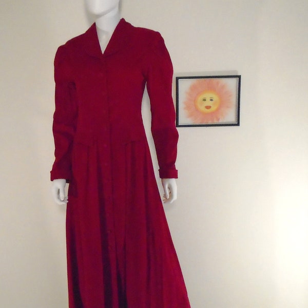 Christmas Red Vintage 90s Very Fine Wale Corduroy Dress Size 8 Made in USA Shoulder Pads