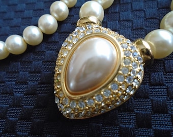 Vintage Napier Faux Pearl Crystal Teardrop Pendant Necklace