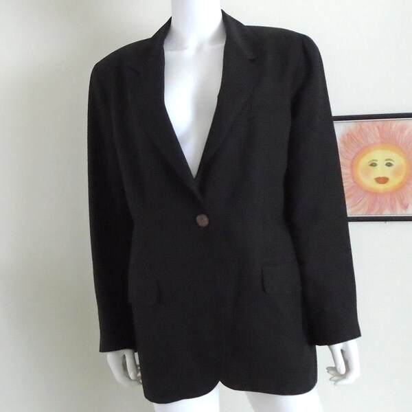 Vintage 80s Oversize Black Linen Blazer Jacket Lined Shoulder Pads The Limited Size S Small