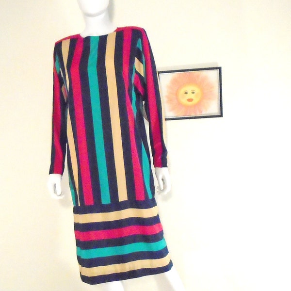 Vintage 80's Navy Green Red Gold Striped Dress Shoulder Pads