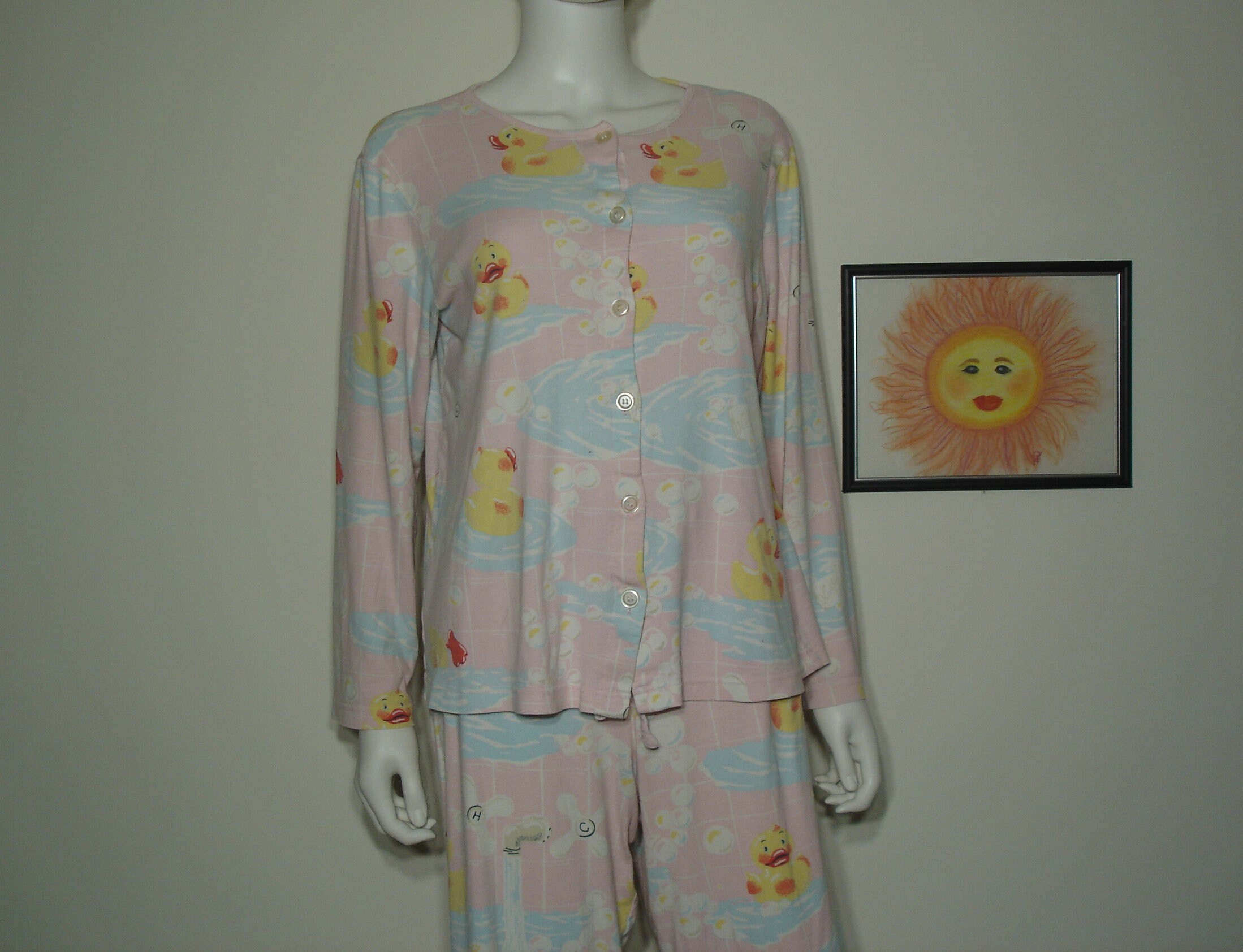 Vintage 90s Nick & Nora Rubber Ducky Pajamas Size M Medium Pastel 