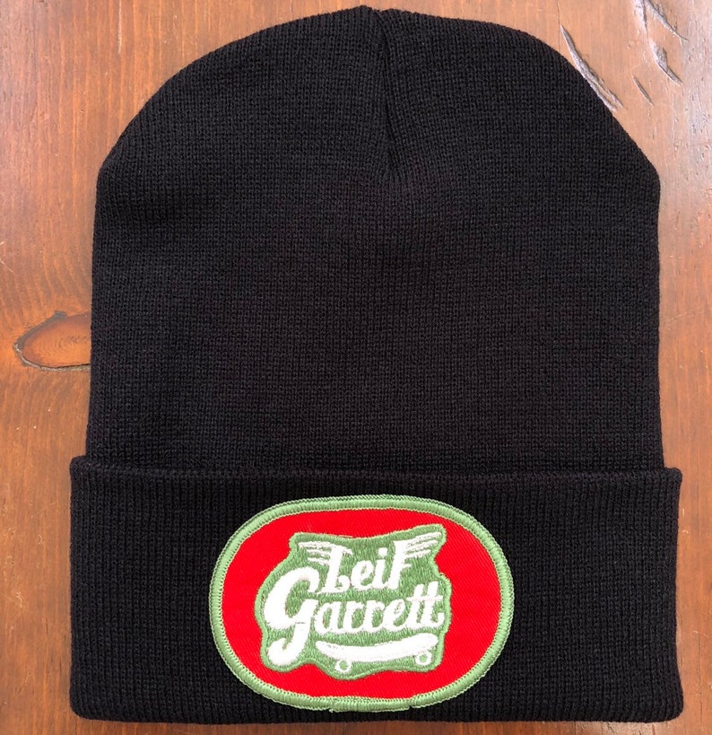 Thick Black Long Beanie Hat featuring an Up Cycled 70s Vintage Embroidered Patch Leif Garrett
