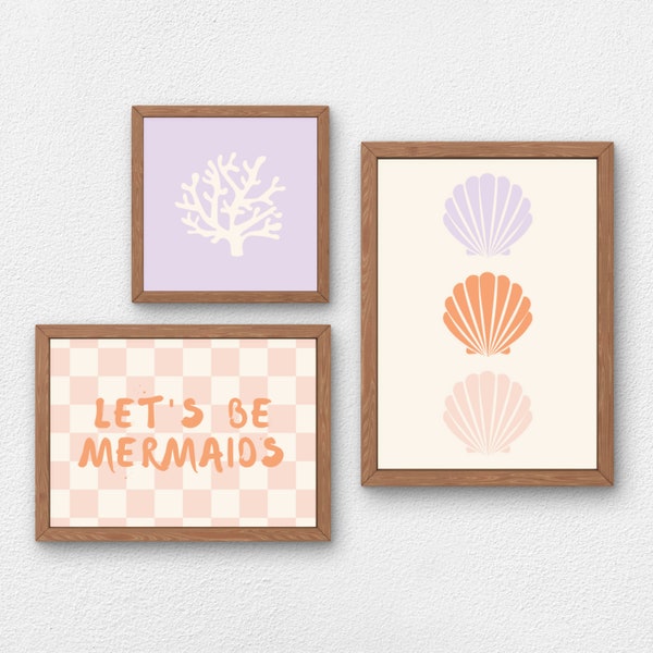 Let's Be Mermaids Set of 3 Downloadable Prints, Girls Room Decor, Ocean Kids Room, Wall Art, Gallery Wall, Printable, Cute Girl Bedroom