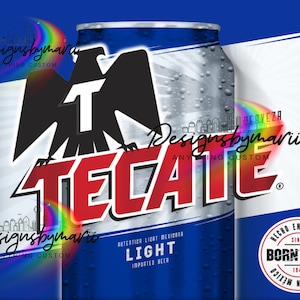 May include: A silver can of Tecate Light beer with a red and white logo featuring an eagle and the text "Tecate". The can is on a blue background with the text "Autentica Light Mexicana" and "Born Bold" in a circle.