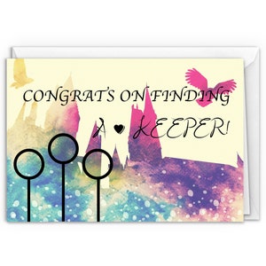 May include: A watercolor illustration of Hogwarts castle with three golden snitches and a pink and purple owl flying above. The text reads "Congrats on finding a keeper!"