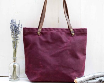 Waxed Canvas Bag // Waxed Canvas Tote with Leather Straps // Water Repellent Bag //  Small Waxed Canvas Bag // Large Waxed Tote