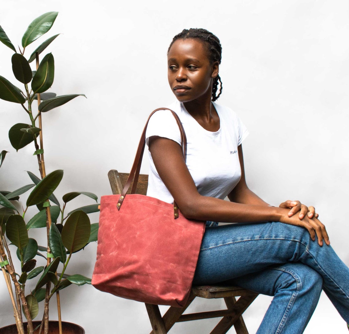 Waxed Canvas Tote Bag // Waxed Canvas Tote With Leather Straps - Etsy