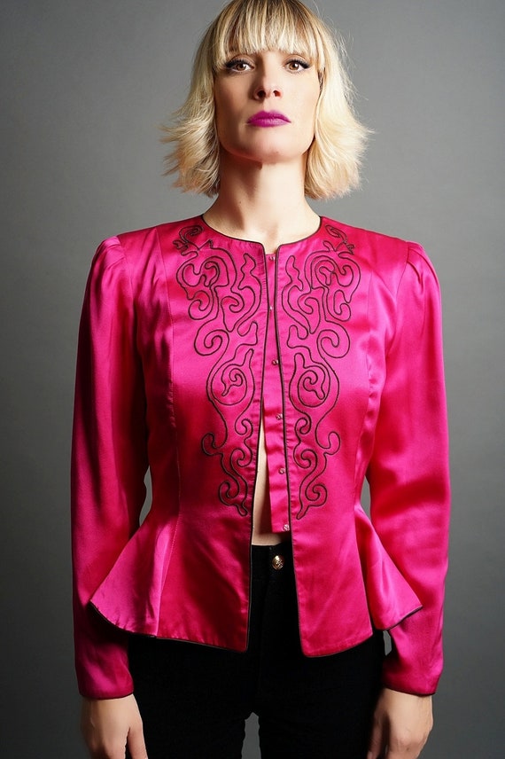 Vintage Fuchsia Applique Silk Blouse (S) - image 3