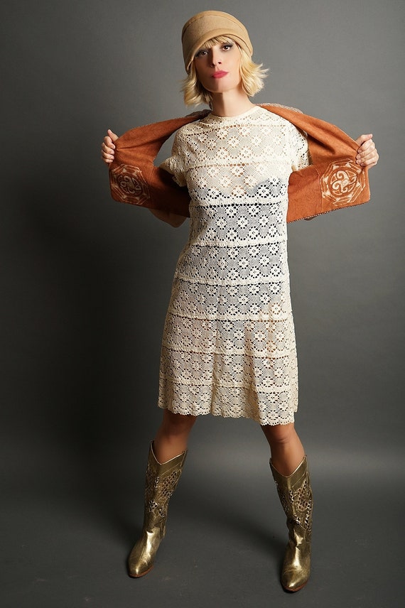 Vintage Cream Crochet Dress (S) - image 2