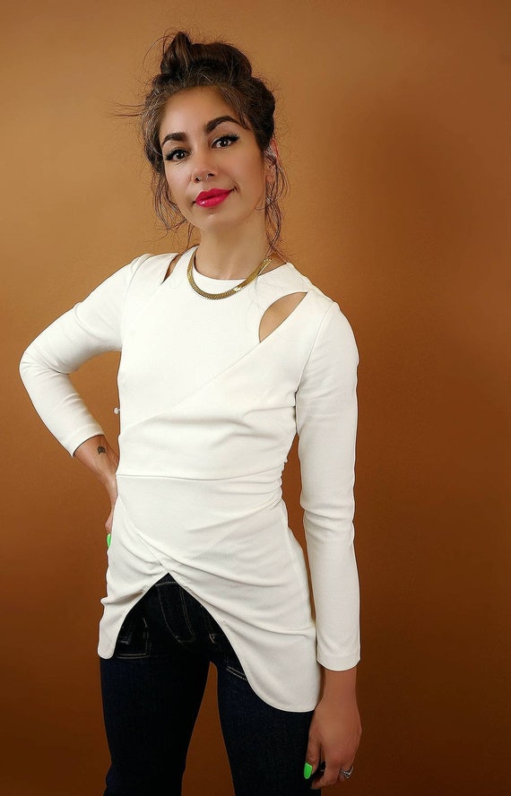 Asymmetrical Cut Out White Blouse - image 2