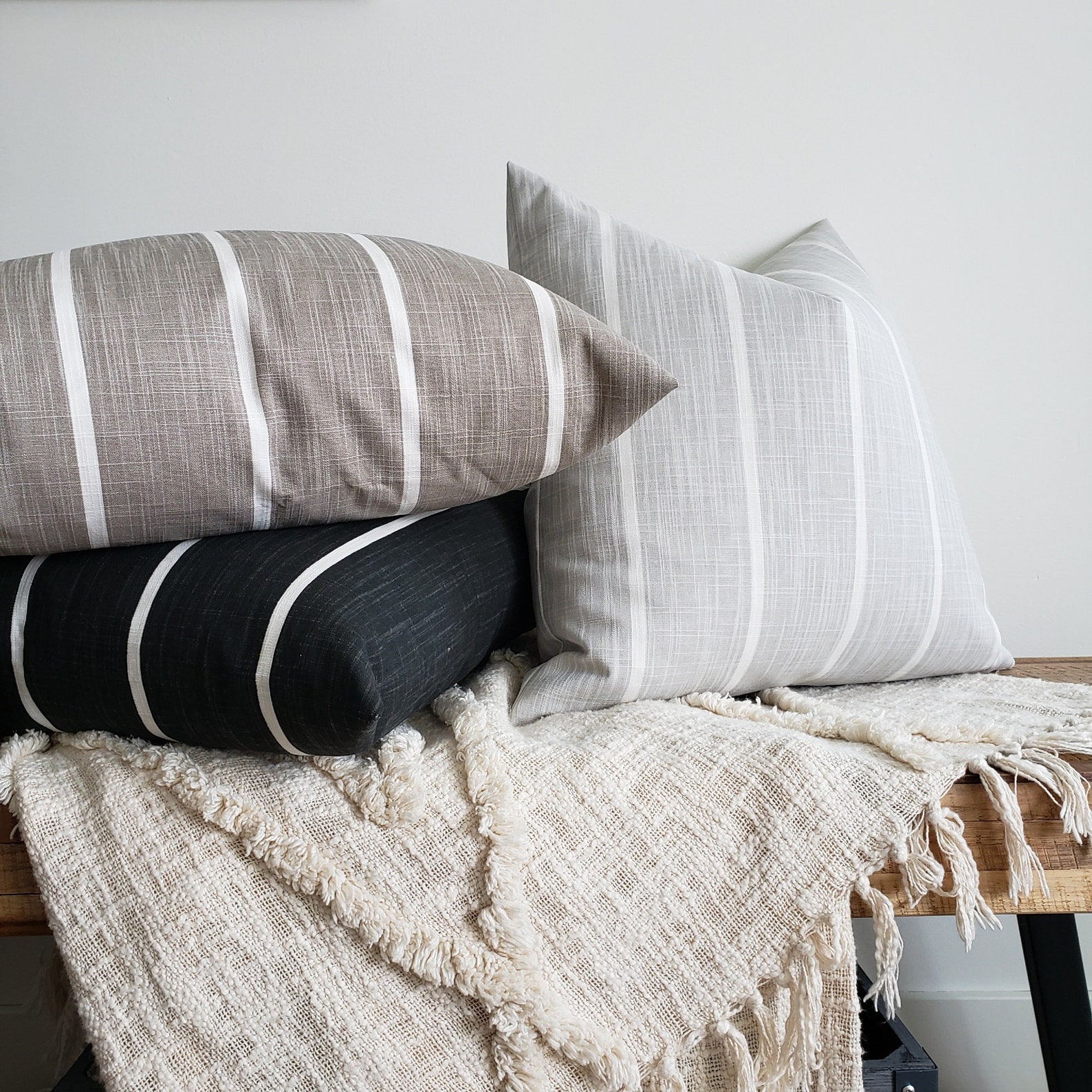 Modern Farmhouse Pillow Cover Grey Throw Pillow Striped Etsy Canada