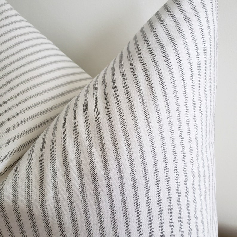 Gray and White Ticking Stripe Pillow Cover Classic Farmhouse Zippered Throw Pillow Case Cushion Cover Modern Farmhouse Decor image 5