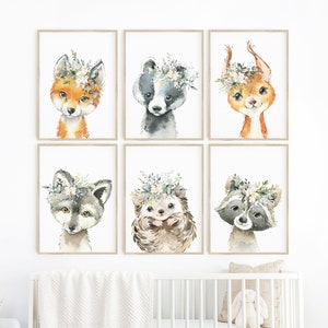 Woodland Nursery Decor, Baby Animals Set, Fox Raccoon Deer Nursery Prints, Set of 6 Modern Woodland Animal Art, Kids Room Printable