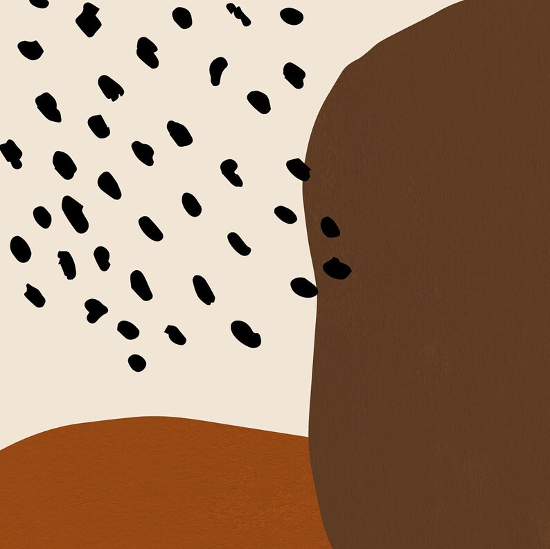 Puede incluir: Impresi&oacute;n de arte abstracto con formas marrones, naranjas y beige. El fondo es beige con puntos negros.