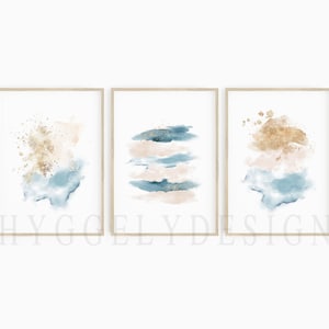 Pink Blush, Navy and Gold Abstract Printables, Watercolor Print Set, Pastel Abstract Watercolor, Bedroom Wall Art, Blush Pink Abstract