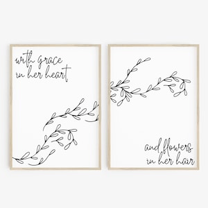 With Grace in Her Heart Printable Art, Set of 2, Above Bed Art, Bedroom Decor, And Flowers in Her Hair, Nursery Decor, Nursery Sign