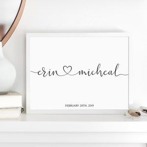 Custom Couples Names Print, Custom Wedding Gift, Couple&#39;s Name Print WIth Date, Heart Connect Names, Personalised Engagement Gift