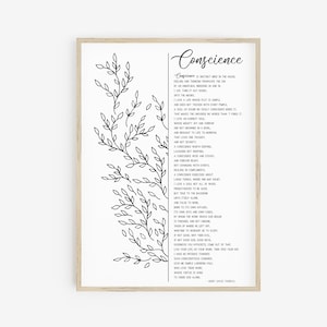 Op de afbeelding: Zwart-witte printbare kunstprint met een citaat van Henry David Thoreau over geweten. Het citaat wordt omringd door een decoratief bloemmotief.