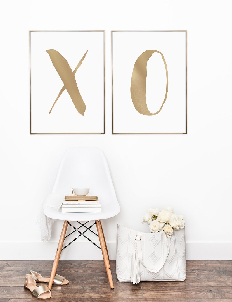 XO Wall Print, XO, Gold Modern Wall Art Prints, Set of 2, Printable