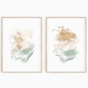 Pink Blush and Gold Abstract Printables, Watercolor Print Set of 2, Pastel Abstract Watercolor, Bedroom Wall Art, Blush Pink Abstract
