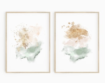 Pink Blush and Gold Abstract Printables, Juego de impresión de acuarela de 2, Acuarela abstracta pastel, Arte de pared del dormitorio, Blush Pink Abstract