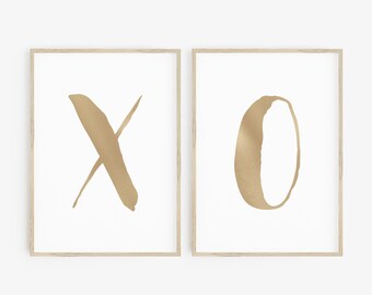 XO Wall Print, XO, Gold Modern Wall Art Prints, Set Of 2, Printable Hugs and Kisses, XO Printable Decor, Valentines Day Wall Art, Love