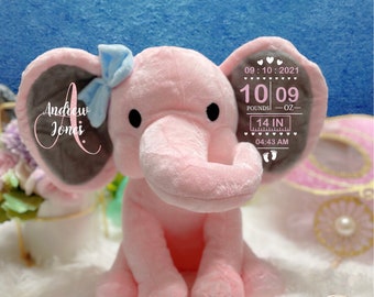 BIRTH ANNOUCEMENT ELEPHANT For New Baby Birth Stat Gift Newborn Baby Shower Personalized Keepsake Stuffed Elephant for Baby Boy and Girl.