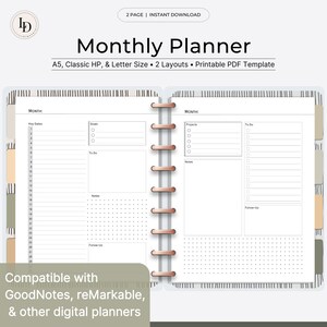 May include: A printable monthly planner template in PDF format. The planner has two layouts, one with key dates, goals, to-do lists, and notes, and the other with projects, to-do lists, notes, and follow-up sections. The planner is compatible with GoodNotes, reMarkable, and other digital planners.