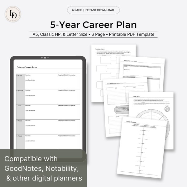 Plan de carrière de 5 ans | Feuilles de travail sur le développement professionnel | Insertions de planificateur numérique (modèle PDF imprimable)