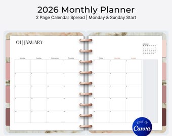 2026 Minimalist Monthly Planner: Dated Calendar, Monday and Sunday Start (Editable Canva Template)
