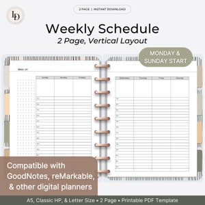 May include: A printable weekly schedule template with a vertical layout. The template is designed for use with digital planners like GoodNotes and reMarkable. The template is two pages long and includes a section for each day of the week, starting with Monday and ending with Sunday.