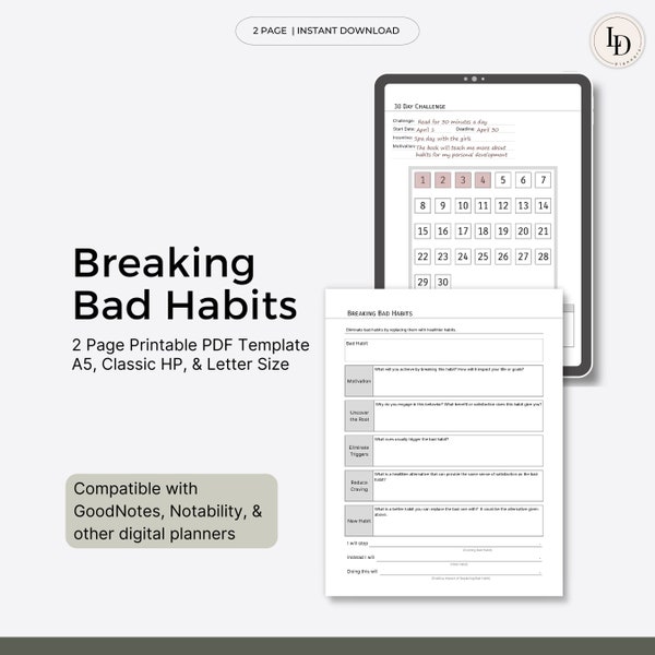 Breaking Bad Habits Worksheet | Digital Productivity Planner Insert (Printable PDF Template)
