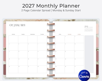 2027 Minimalist Monthly Planner: Dated Calendar, Monday and Sunday Start (Editable Canva Template)