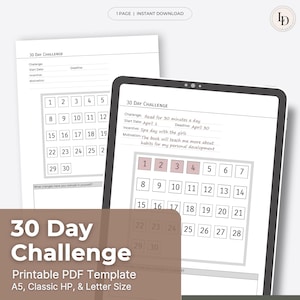 Pode incluir: Um modelo digital de desafio de 30 dias com um layout de calendário. O modelo inclui seções para detalhes do desafio, data de início, incentivo e motivação. O texto "30 Day Challenge" é exibido de forma proeminente.