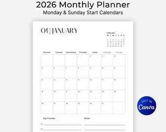 2026 Minimalist Monthly Planner, Dated Monday & Sunday Start Calendar | DIY Editable Canva Template