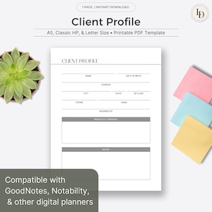 Peut inclure: Un modèle de profil client imprimable en format A5, Classic HP et Letter. Le modèle comprend des champs pour le nom, l'adresse, la date de naissance, la ville, l'état, le code postal, le téléphone, l'e-mail, la personne qui a référé, les produits ou services et les notes.