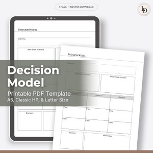 Op de afbeelding: Een printbare beslissingsmodeltemplate in PDF-formaat. De sjabloon bevat secties voor dilemma, beste scenario, slechtste scenario, opties, voor- en nadelen, beslissing en volgende stappen.