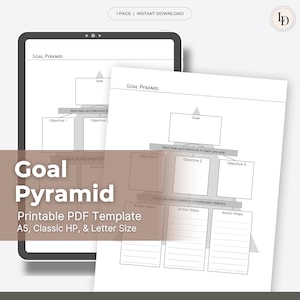 May include: A printable goal pyramid template in PDF format. The template is designed to help you break down your goals into smaller, more manageable steps. It includes sections for your goal, objectives, and action steps. The template is available in A5, Classic HP, and Letter sizes.
