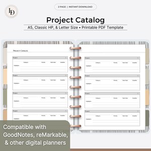 Catalogo del progetto, riepilogo del tracker del progetto / inserto del pianificatore digitale (modello PDF stampabile)
