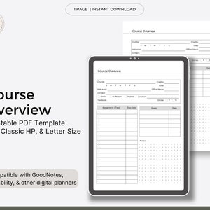Könnte beinhalten: Eine druckbare Kursübersicht-Vorlage im PDF-Format. Die Vorlage ist für die Verwendung mit digitalen Planern wie GoodNotes und Notability konzipiert. Sie enthält Abschnitte für Kursdetails, Aufgaben, Prüfungen und Notizen.