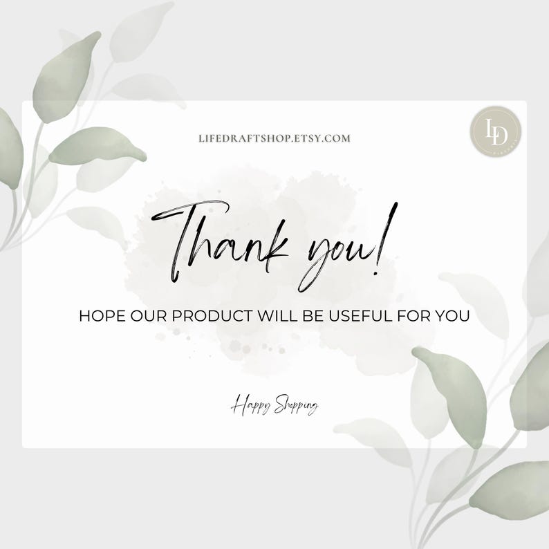K&ouml;nnte beinhalten: Eine wei&szlig;e Dankeskarte mit einem Aquarellhintergrund und gr&uuml;nen Bl&auml;ttern. Der Text auf der Karte lautet "Vielen Dank!" und "Wir hoffen, dass unser Produkt f&uuml;r Sie n&uuml;tzlich ist". Die Karte enth&auml;lt auch den Text "LIFEDRAFTSHOP.ETSY.COM" und "Frohes Einkaufen".