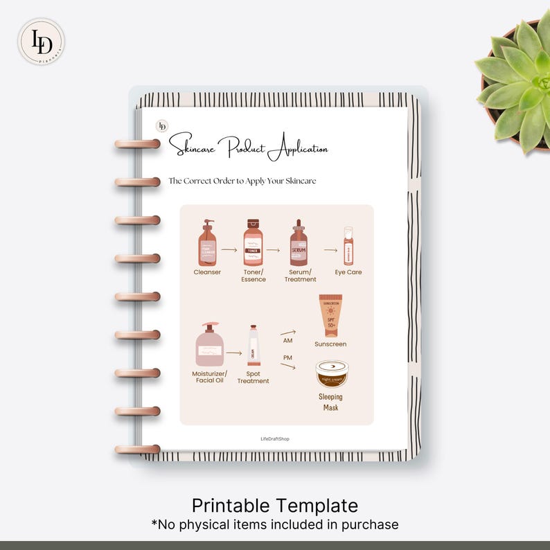 May include: Printable skincare routine chart with illustrations of various skincare products, including cleanser, toner, serum, eye cream, moisturizer, spot treatment, sunscreen, and sleeping mask. The chart is titled "Skincare Product Application" and includes the text "The Correct Order to Apply Your Skincare".