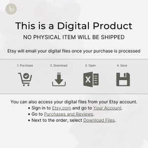 Pode incluir: Um gr&aacute;fico de produto digital com fundo branco e texto cinza. O texto diz "Este &eacute; um produto digital. NENHUM ITEM F&Iacute;SICO SER&Aacute; ENVIADO. O Etsy enviar&aacute; seus arquivos digitais assim que sua compra for processada." Quatro &iacute;cones representam as etapas para baixar o produto digital: 1. Comprar, 2. Baixar, 3. Abrir, 4. Salvar. O gr&aacute;fico tamb&eacute;m inclui instru&ccedil;&otilde;es sobre como acessar os arquivos digitais da sua conta do Etsy.