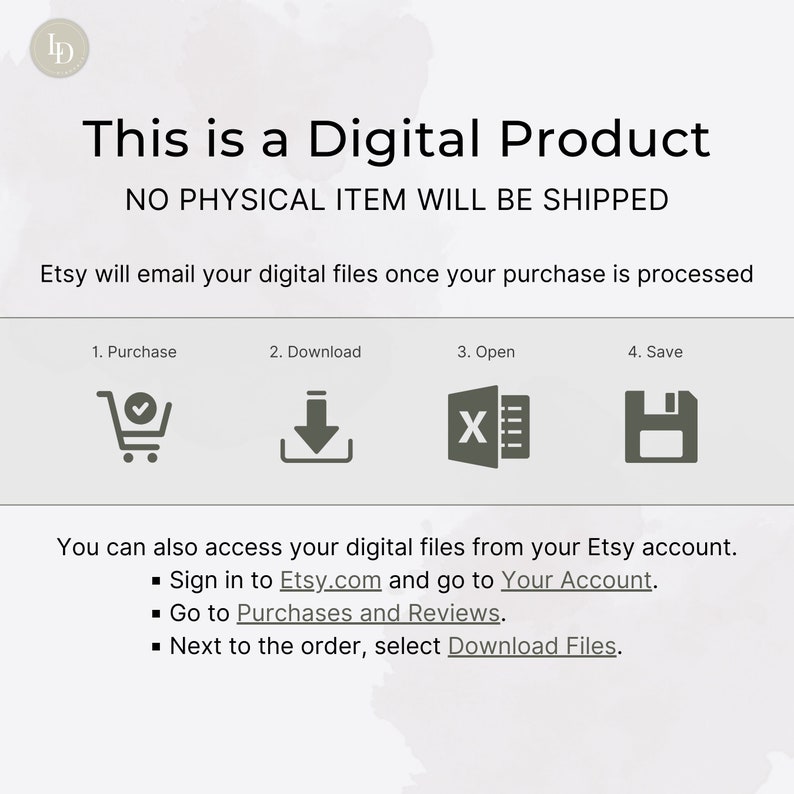 Pode incluir: Um gr&aacute;fico de produto digital com fundo branco e texto cinza. O texto diz "Este &eacute; um produto digital. NENHUM ITEM F&Iacute;SICO SER&Aacute; ENVIADO. O Etsy enviar&aacute; seus arquivos digitais assim que sua compra for processada." Quatro &iacute;cones representam as etapas para baixar o produto digital: 1. Comprar, 2. Baixar, 3. Abrir, 4. Salvar. O gr&aacute;fico tamb&eacute;m inclui instru&ccedil;&otilde;es sobre como acessar os arquivos digitais da sua conta do Etsy.