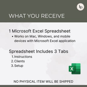 Pode incluir: Um download digital de uma planilha Microsoft Excel com tr&ecirc;s guias: Instru&ccedil;&otilde;es, Clientes e Configura&ccedil;&atilde;o. A planilha &eacute; compat&iacute;vel com dispositivos Mac, Windows e m&oacute;veis com a aplica&ccedil;&atilde;o Microsoft Excel. O texto "NENHUM ITEM F&Iacute;SICO SER&Aacute; ENVIADO" &eacute; exibido na parte inferior da imagem.