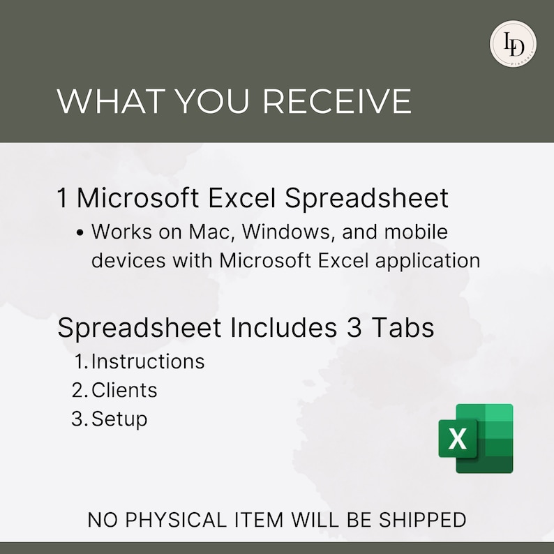 Pode incluir: Um download digital de uma planilha Microsoft Excel com tr&ecirc;s guias: Instru&ccedil;&otilde;es, Clientes e Configura&ccedil;&atilde;o. A planilha &eacute; compat&iacute;vel com dispositivos Mac, Windows e m&oacute;veis com a aplica&ccedil;&atilde;o Microsoft Excel. O texto "NENHUM ITEM F&Iacute;SICO SER&Aacute; ENVIADO" &eacute; exibido na parte inferior da imagem.