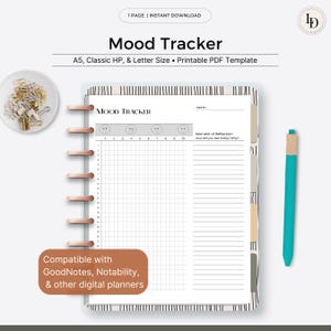 Pode incluir: Um modelo de rastreamento de humor imprimível em preto e branco com uma grade e uma seção para reflexão diária. O modelo é compatível com GoodNotes, Notability e outros planejadores digitais.